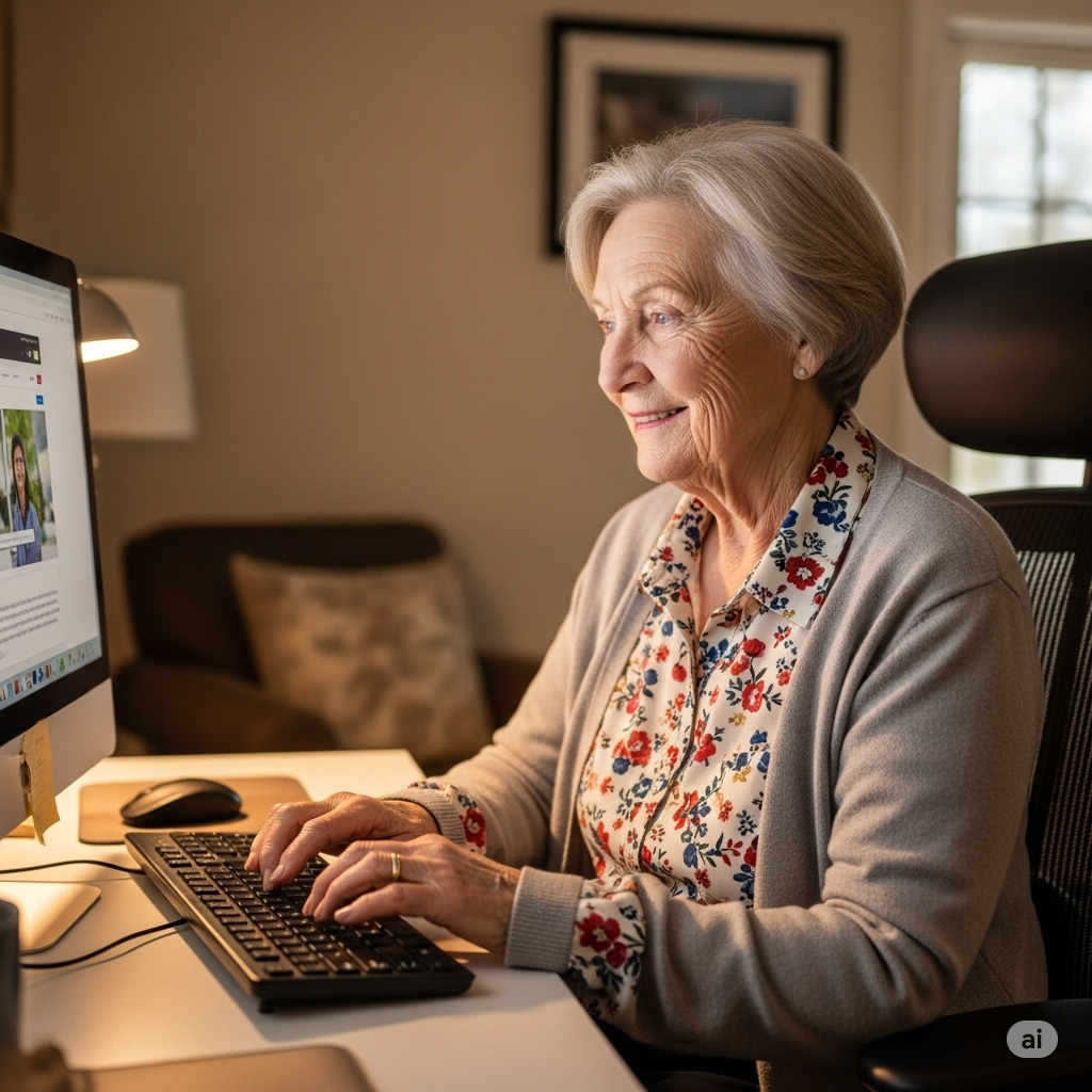 Bilgisayar kullanan yaşlı kadın