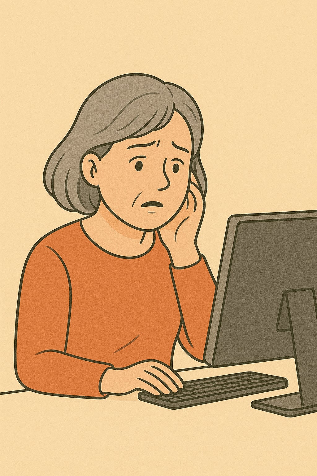 M5-U3-L1-B Anna überprüft etwas und ist besorgt