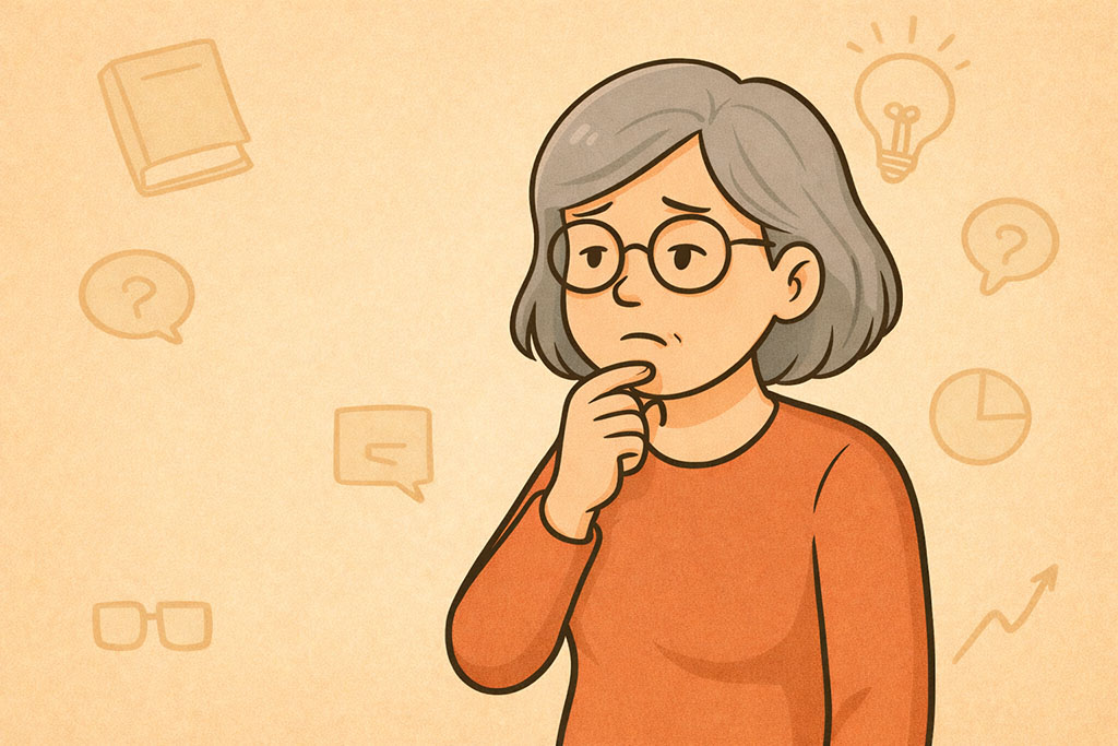 Nachdenkliche Frau mit vielen Symbolen