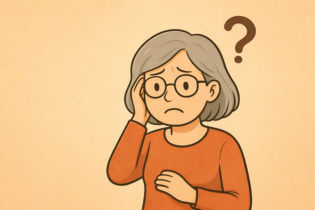 Nachdenkliche Frau mit Fragezeichen