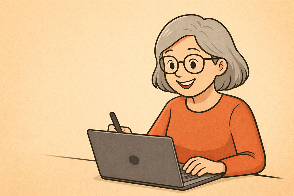 Seniorin arbeitet an Laptop mit Stift