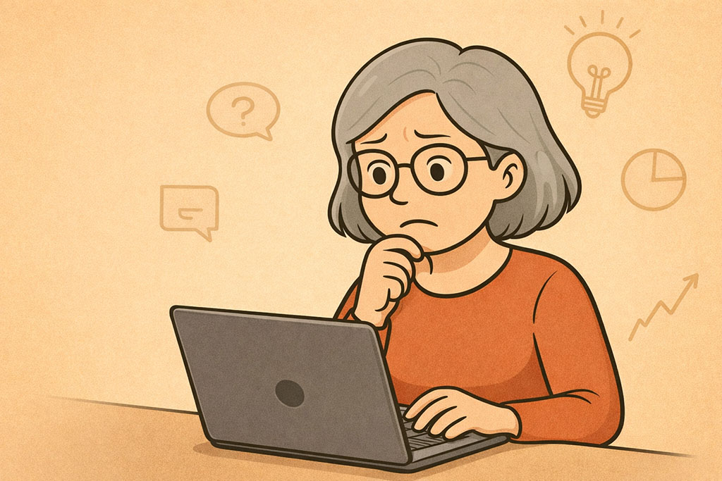 Nachdenkliche Frau vor Laptop